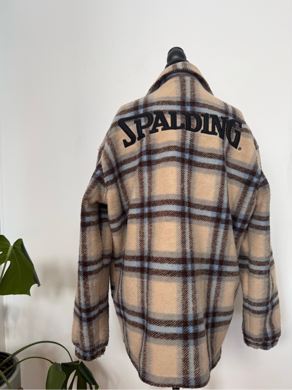 Spalding Beige Plaid Fleece Bomber Jacket with Navy Logo